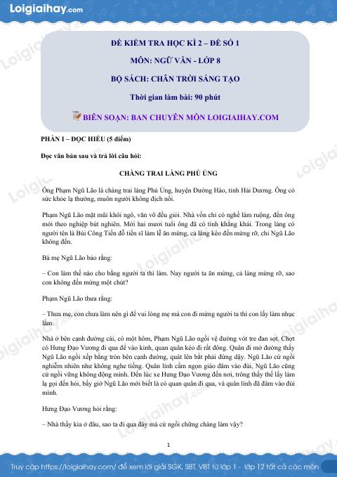 Đề thi học kì 2 Văn 8 Chân trời sáng tạo - Đề số 1